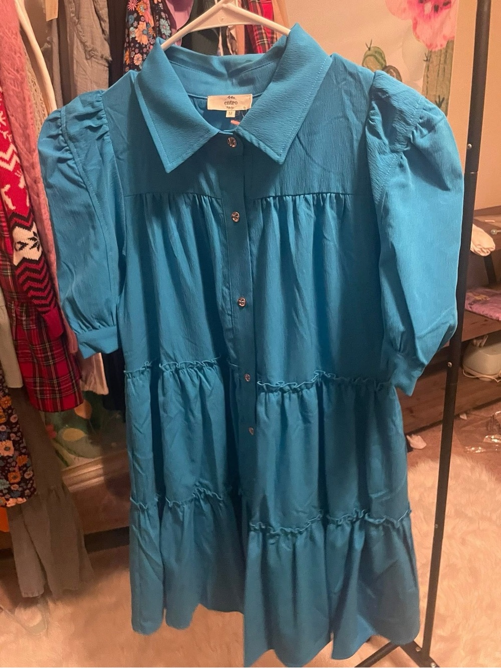 entro Teal Blue Puff-Sleeve Tiered Button-Front Mini Dress - Picture 1 of 1